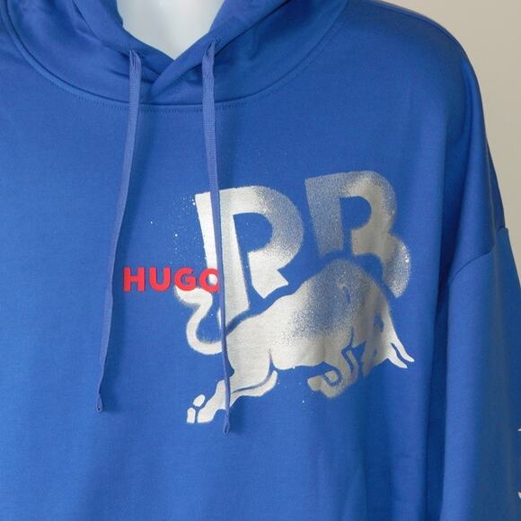 NWT HUGO Running Bulls Graphic Pullover Hoodie Blue in Cotton Terry Men's LARGE - Picture 3 of 13